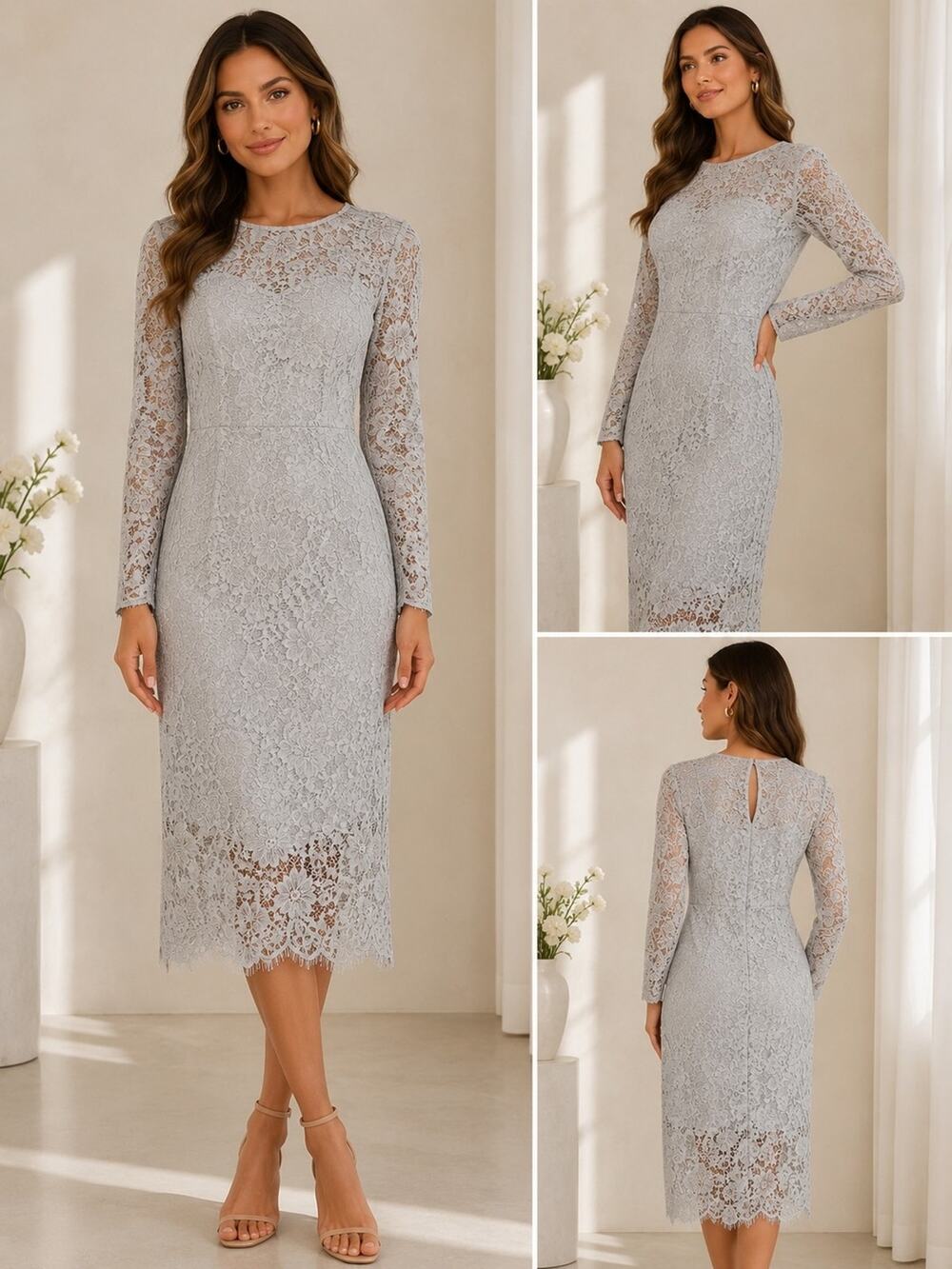 Lulu's Light Gray Lace Midi Dress